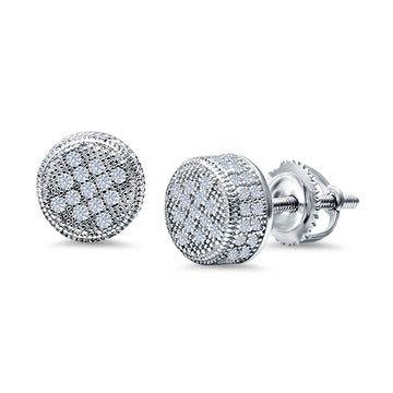 Round Stud Earrings Micro Pave Simulated CZ Screwback 925 Sterling Silver